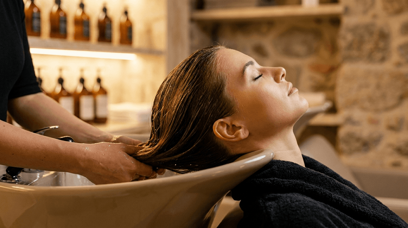 Sublime — momento back-bar Oyster, lavado profesional sensorial en luz miel